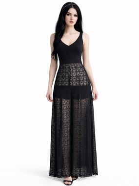 D. Exterior Italy Black Lace Maxi Dress S/M Sleeveless Stretch Whimsygoth